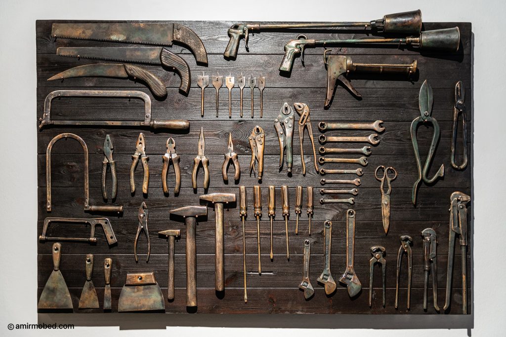 Praising the Tool, wood, steel tools covered with bronze, nails, 100 x 150 cm, edition of 3 + AP, 2020